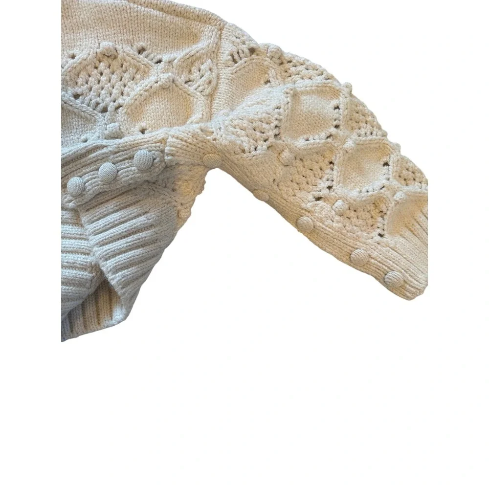 Zara Cream Chunky Aran Knit T-neck Sweater Button Cuff  Boho Hygge Beachy Preppy